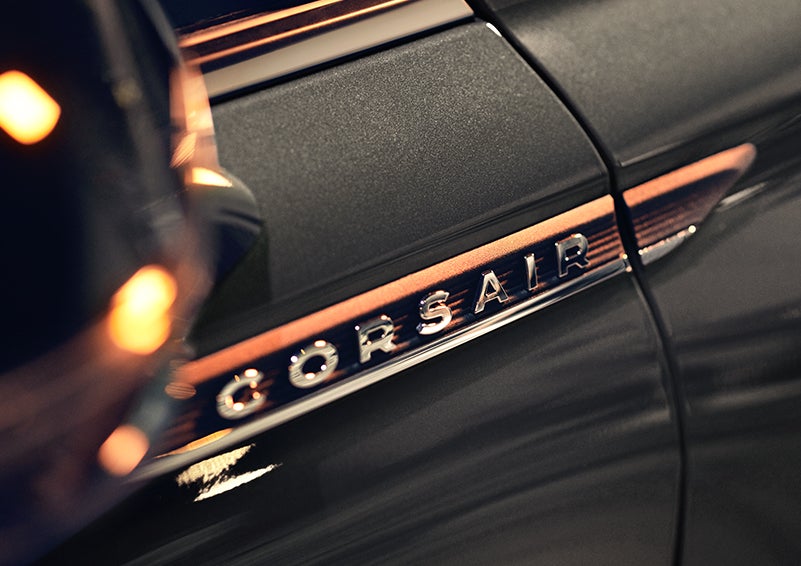 The stylish chrome badge reading “CORSAIR” is shown on the exterior of the vehicle. | Johnson Sewell Lincoln in Marble Falls TX